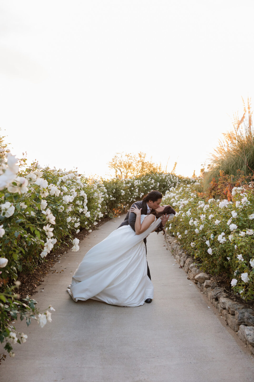 Iconic dip kiss in the rose garden at Serendipity wedding venue