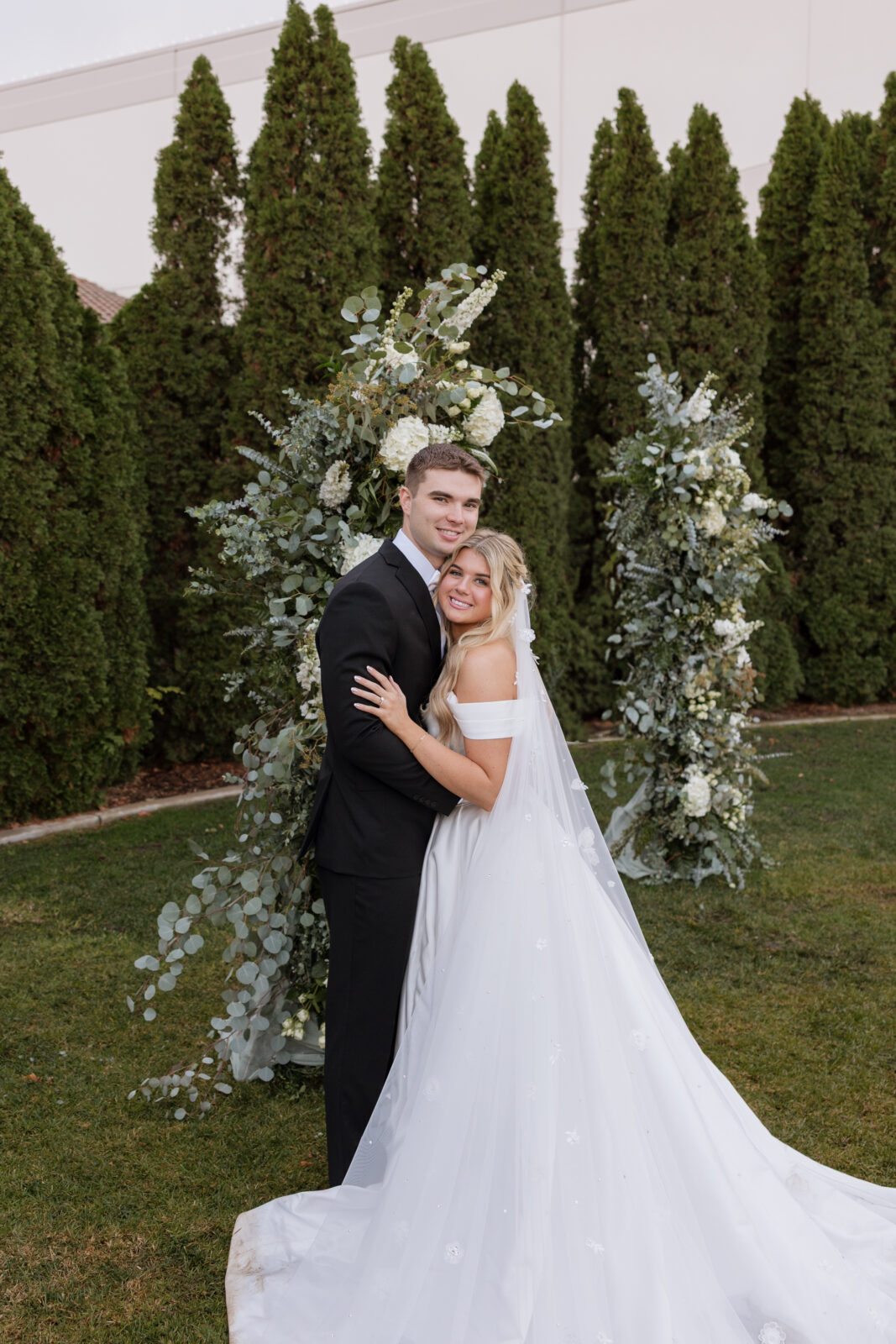 Romantic wedding portraits of bride and groom at the Grove Church Riverside CA